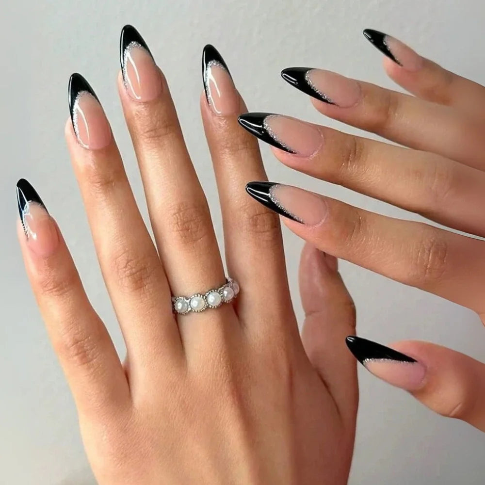 French Black Glitter - Almond