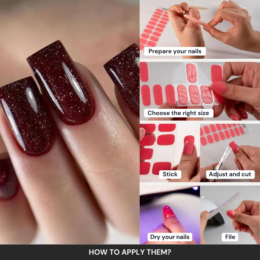 Glittery Burgundy Gel Nail Strips Kit